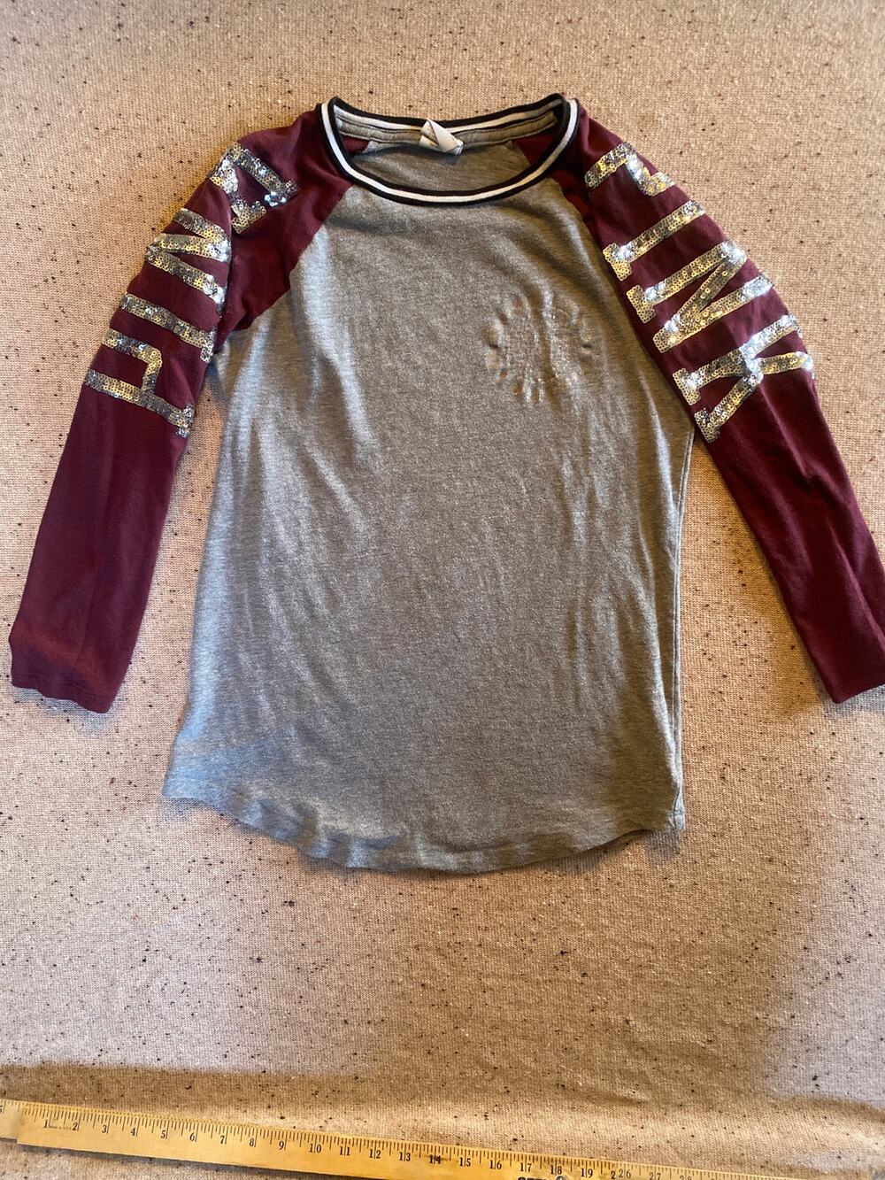 Victoria's Secret Pink Sequin Spell Out Jersey Tshirt XS Womens Gray Y2K Style